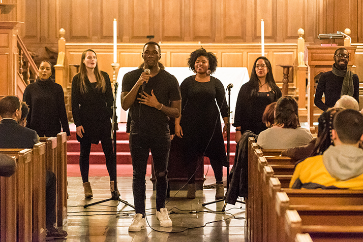 Nathan Morgan-Kitch ’22 sings with the Gospel Choir. 