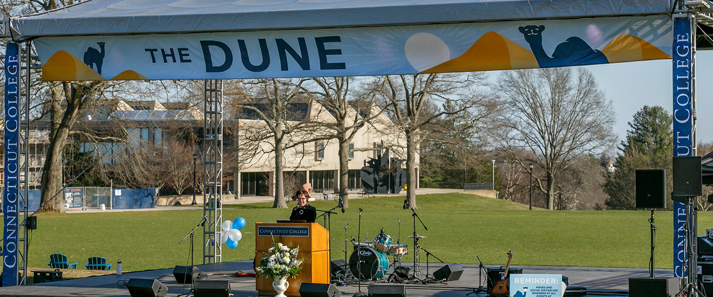 President Katherine Bergeron gives her remarks from The Dune.