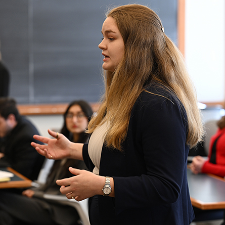 Emily Blair ’26 argues an objection from the University of Albany’s Katerina Bocek during witness testimony at the American Mock Trial Association’s 2023 regional competition at Connecticut College.
