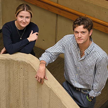 A portrait of Olha Vasyliv ’23 and Ethan Bankowski ’24 in Shain Library.