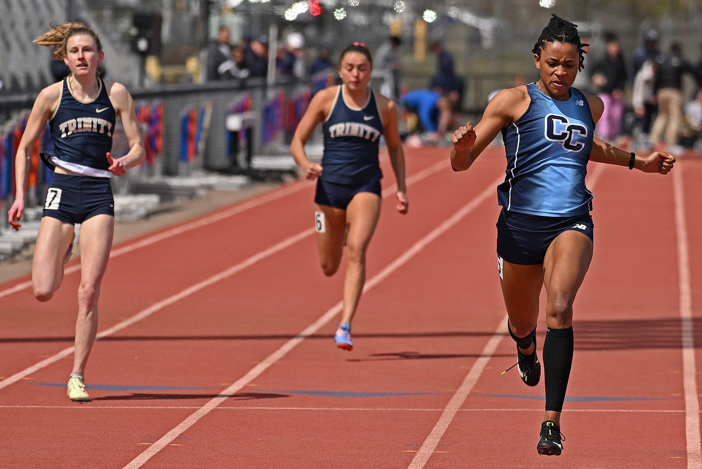 Conn College’s Malissa Lindsey ’23 competes in the 100m at the Coast Guard Invitational track meet Saturday, April 8, 2023 in New London.
