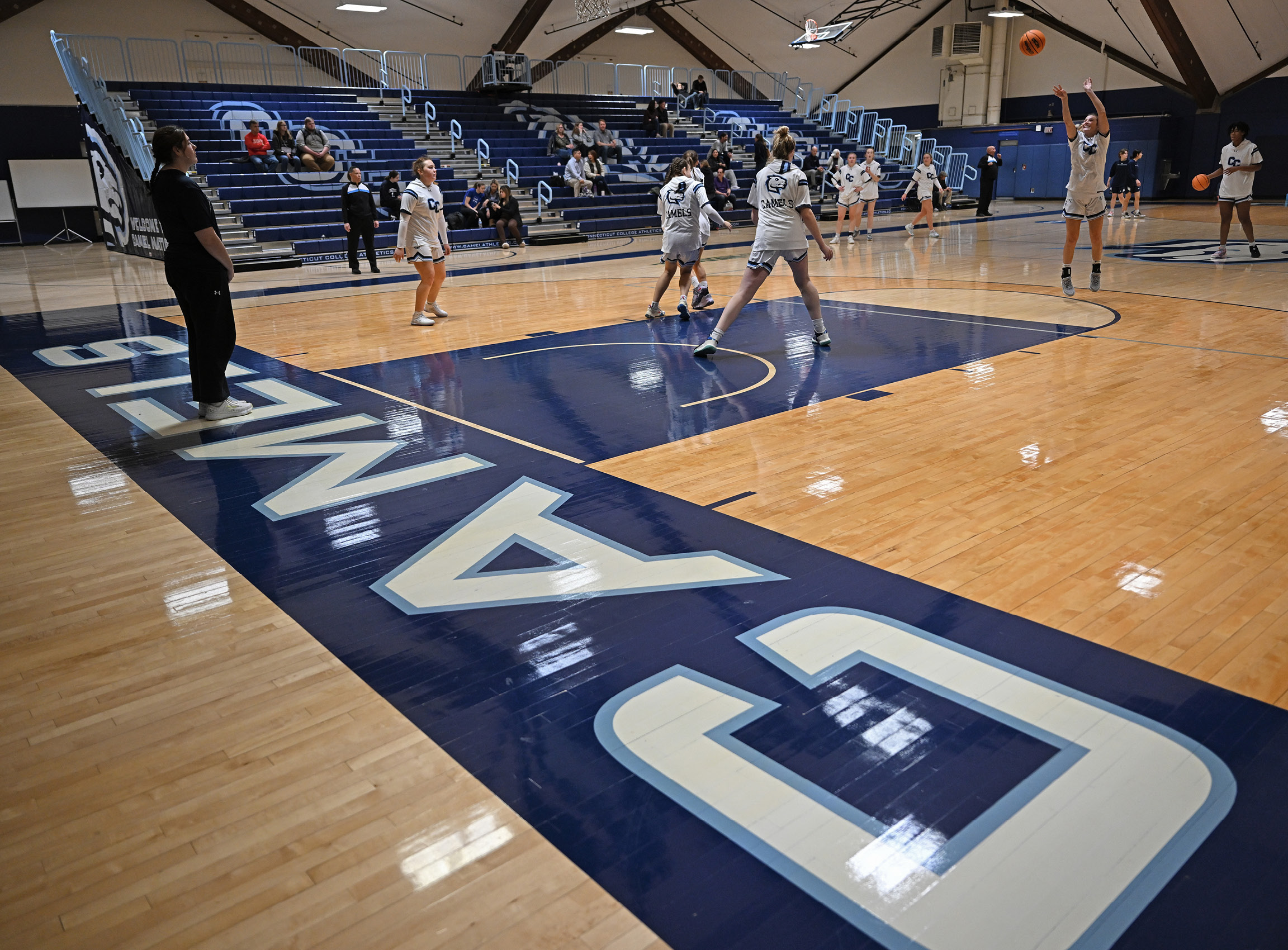 A low-angle shot of a basketball court