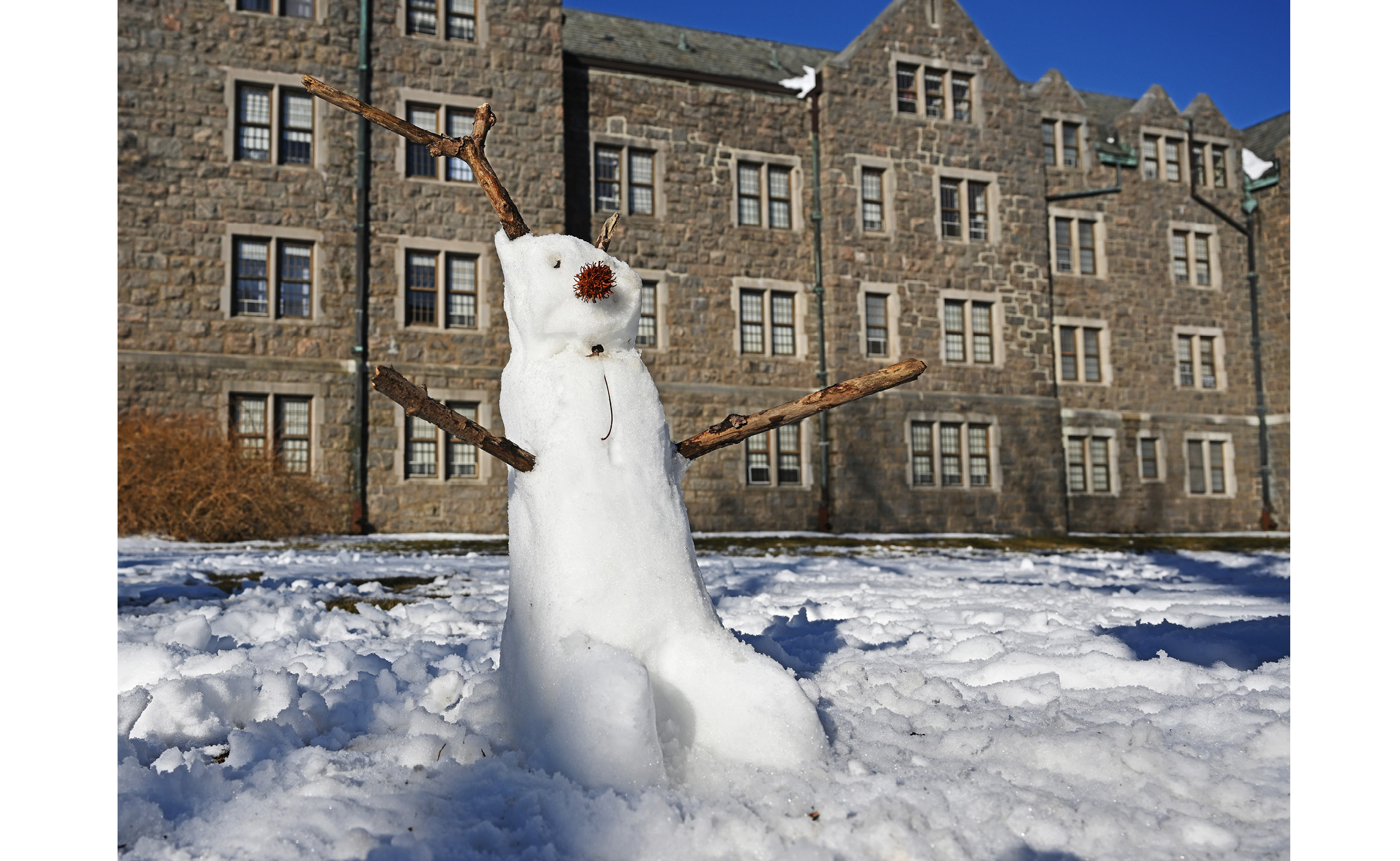 A snow creature adorns the quad between Blackstone and Plant.