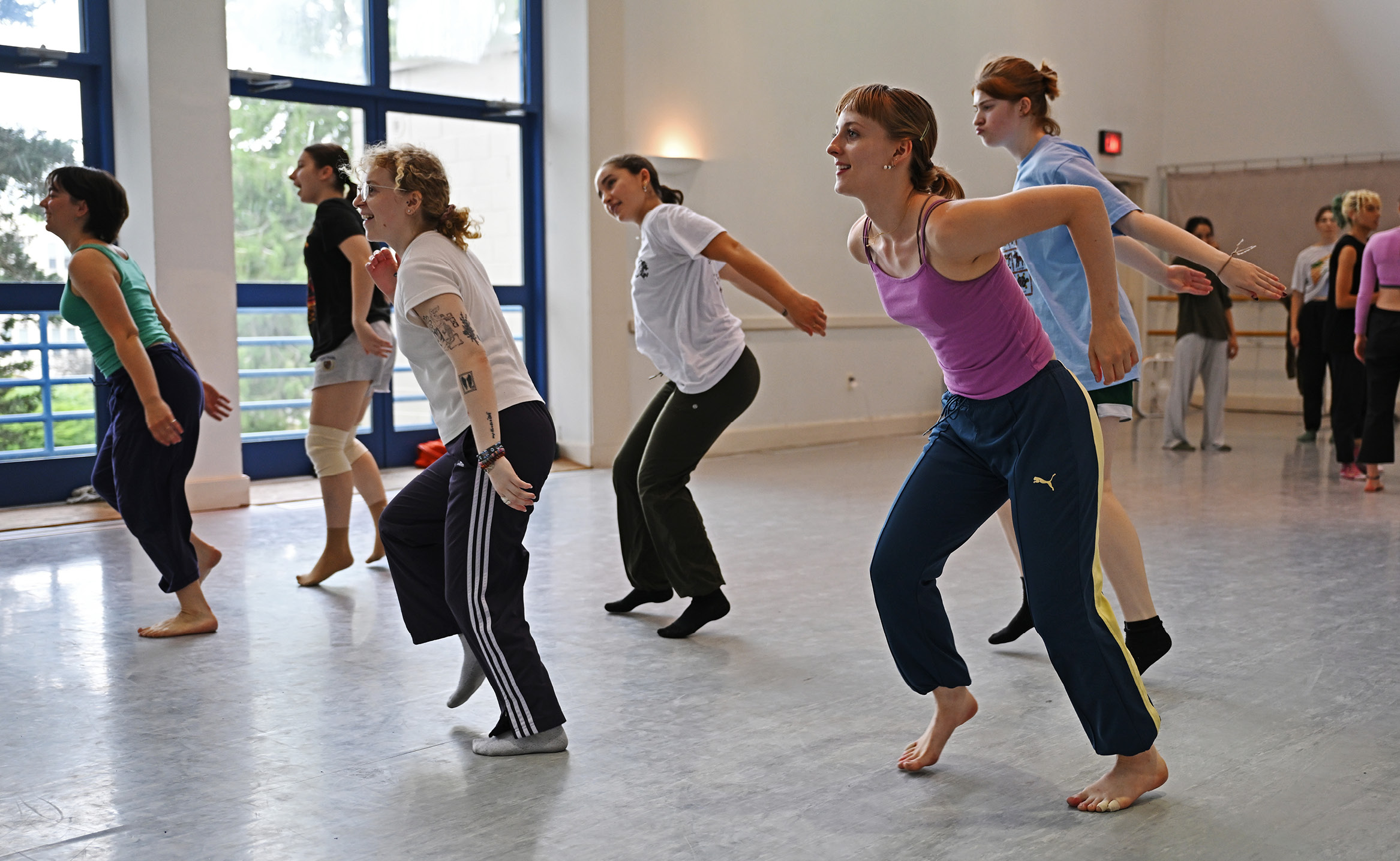 High school students dance with David Dorfman Dance during an intensive Summer @ Conn session.