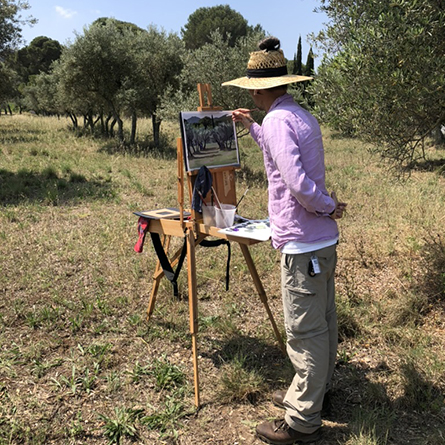 Professor Barndard painting in the same olive grove that Van Gogh painted at the Saint Paul de Mausole Monastery