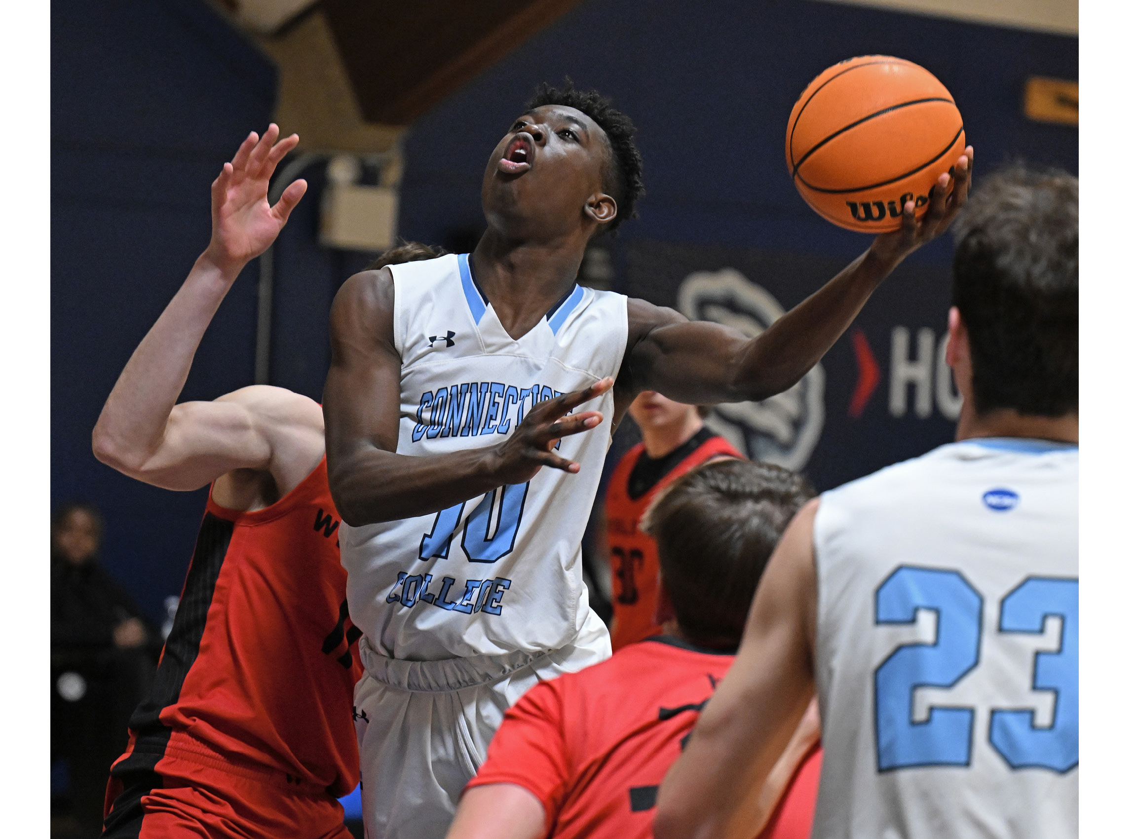 Connecticut College men's basketball forward Dylan Watson (10) '27 powers forward vs. Wesleyan