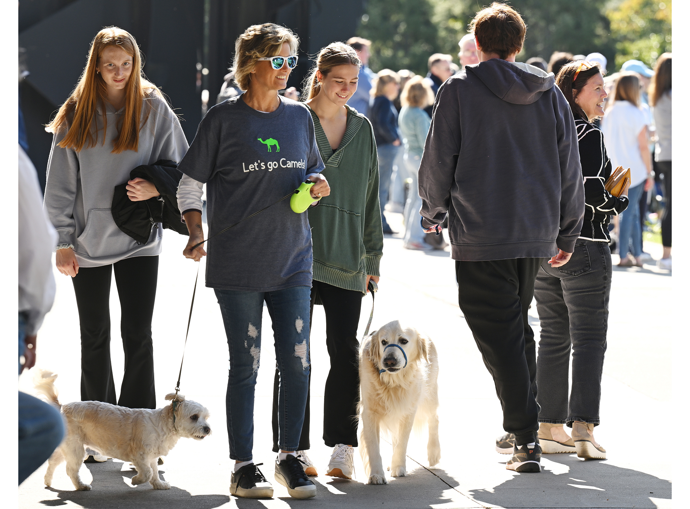 People walk dogs through a crowd of festive fall weekend revelers.