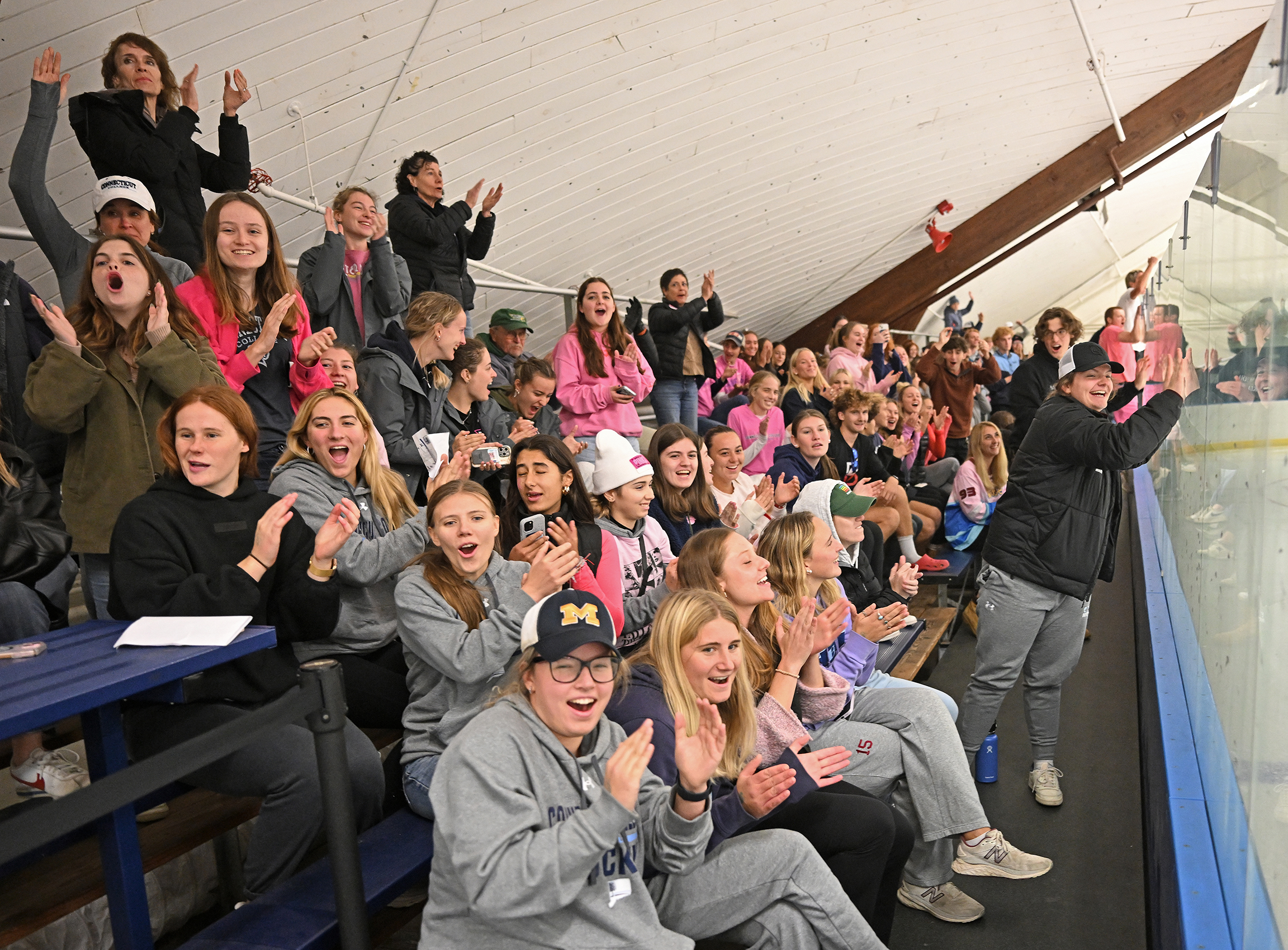 A bleacher full of hockey fans cheer for their team.