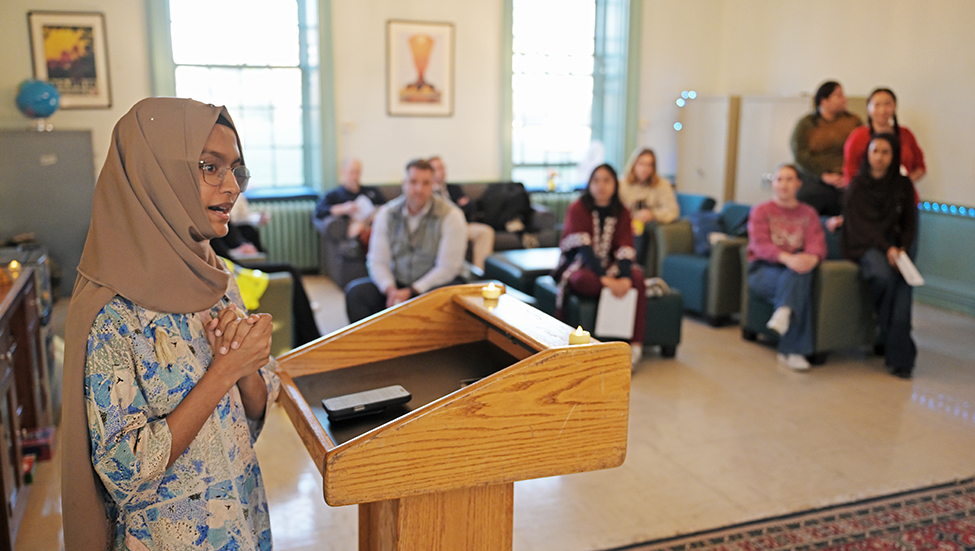 International Student Association President Sababa Ahmed ’27 speaks at the opening of the International Student Lounge.