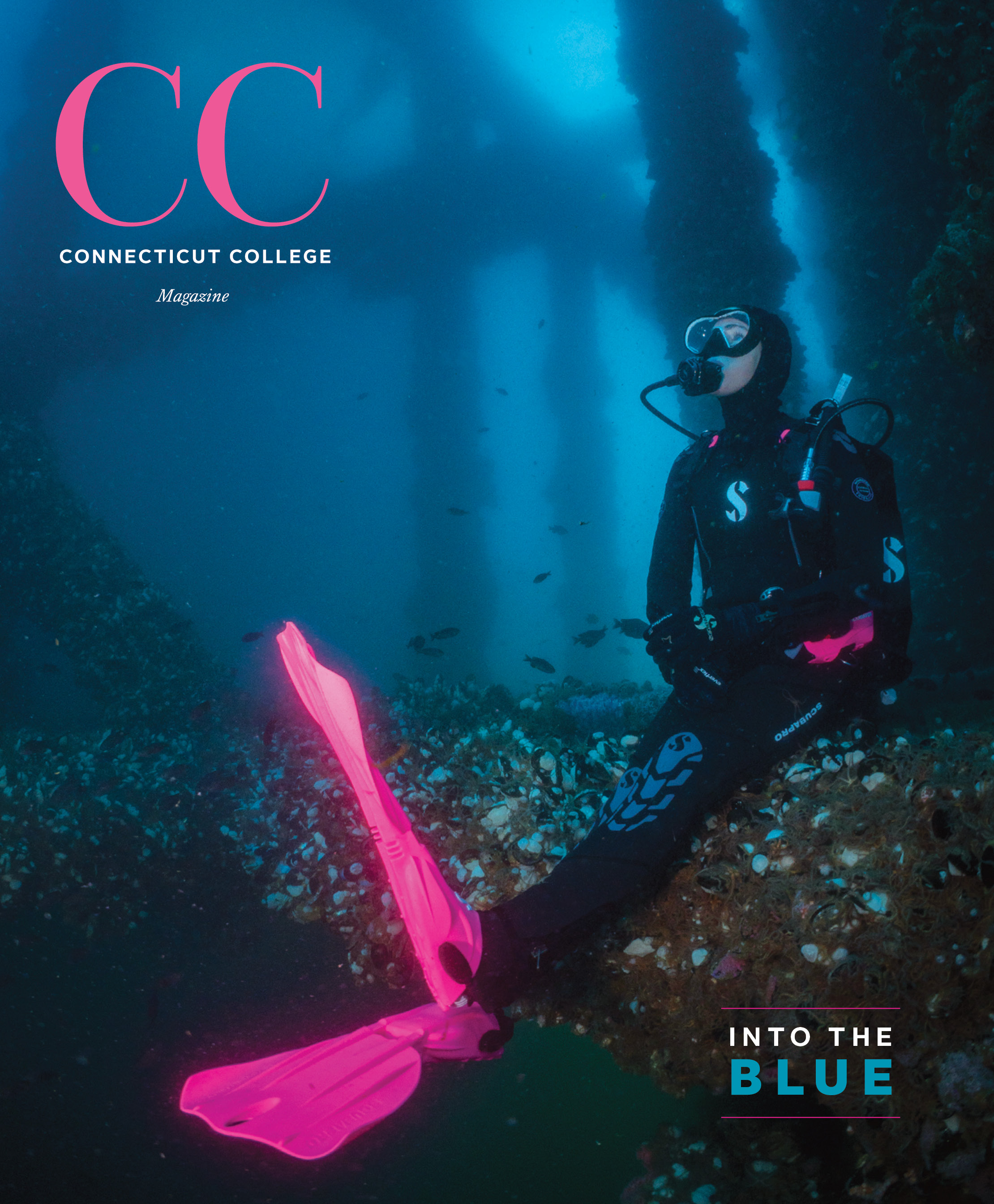 The cover of the fall issue of CC Magazine, which features Emily Hazelwood '11 resting on an oil rig structure under water while on a scuba dive.