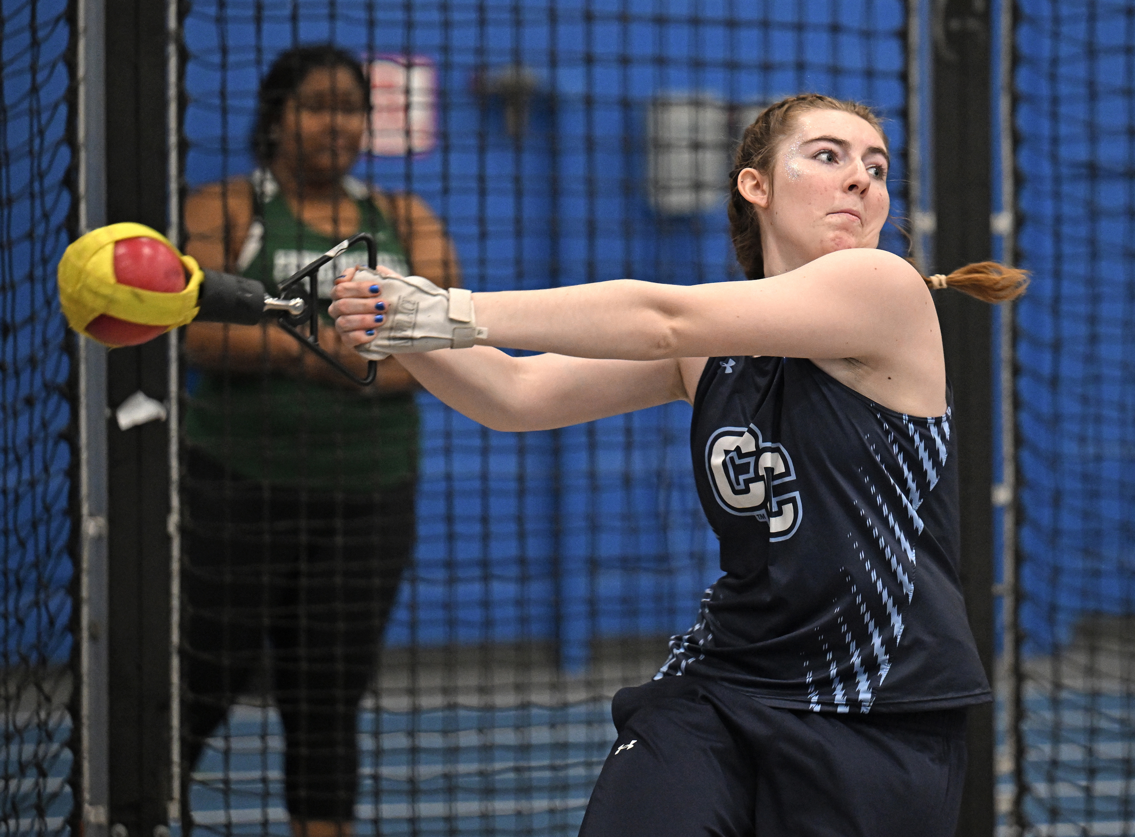 Kate Stone ’27 competes in the shot put for Connecticut College track and field at the Coast Guard Invitational Saturday, January 18, 2025.