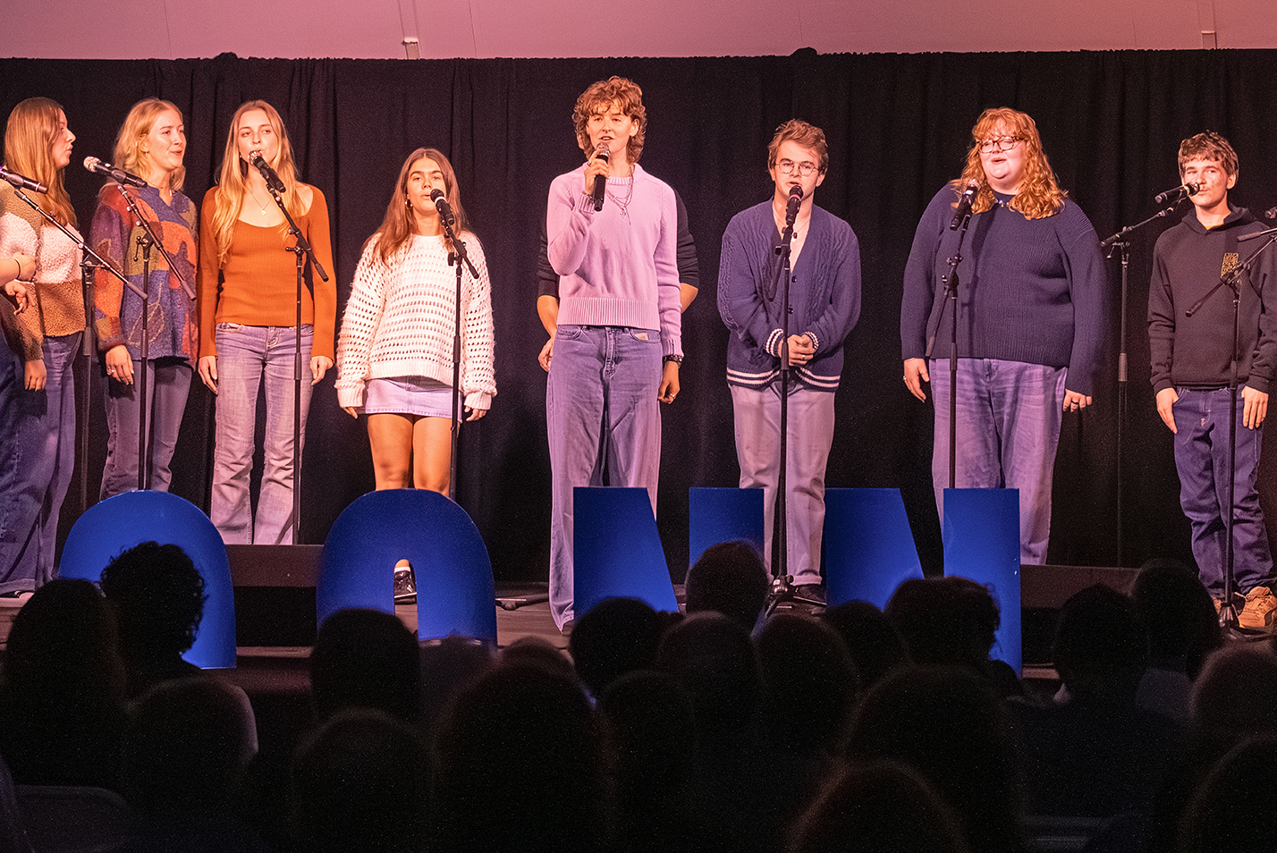a college a cappella group performs on stage.