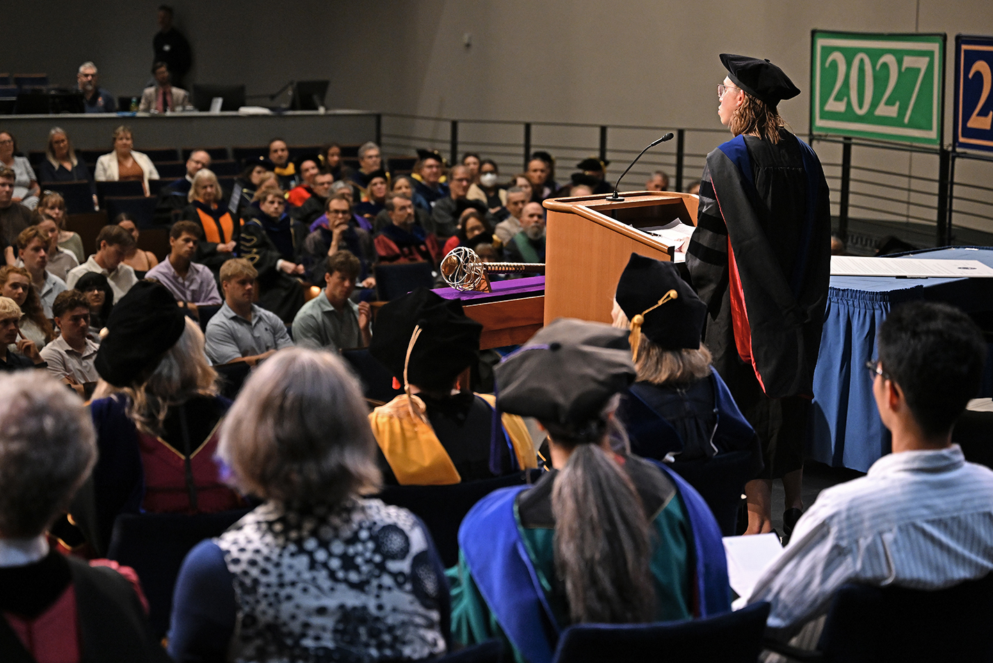 A college professor in full academic regalia is seen from backstage speaking from a podium addressing a performance hall full of students.