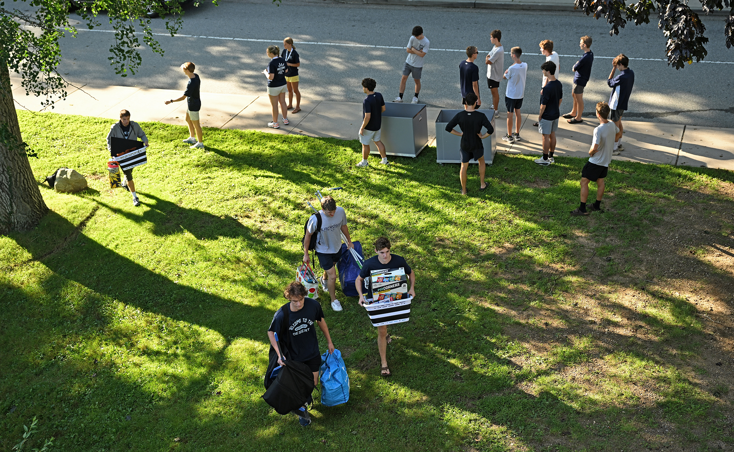 Seen from a second story window, college students carry armloads of belongings across a green lawn toward an unseen, but implied, residence hall.