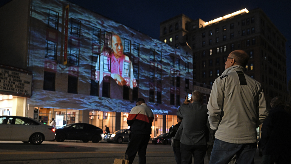 Interviews with New London residents were projected onto the building facade.