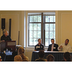 Katherine Wenk Christoffers '45 Director of Athletics Fran Shields (far left) moderated the panel that included, from left, Trevor Prophet '11, Vin Farrell '96 and Kareem Tatum '01.