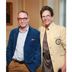 Humorist and best-selling author David Sedaris poses with Connecticut College Writer-in-Residence and Weller Professor of English Blanche Boyd at the College’s Klagsbrun Symposium Oct. 15. 