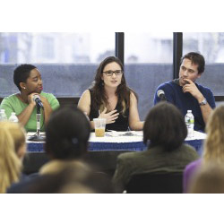 Lauren Burke '06 (center) talks about her experience with issues of global justice. She is joined on the panel by Tiana Davis Hercules ’04 (left) and James Rogers ’04.