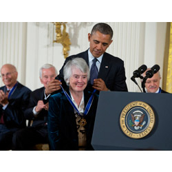President Barack Obama bestows the Presidential Medal of Freedom upon Judge Patricia Wald '48.  (AP Photo/ Evan Vucci)