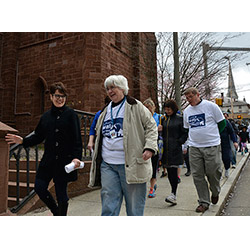 President Katherine Bergeron talks with New London Homeless Hospitality Center Executive Director Catherine Zall during the seventh annual Walk for the Homeless. For more photos from the walk, see the slideshow below. 