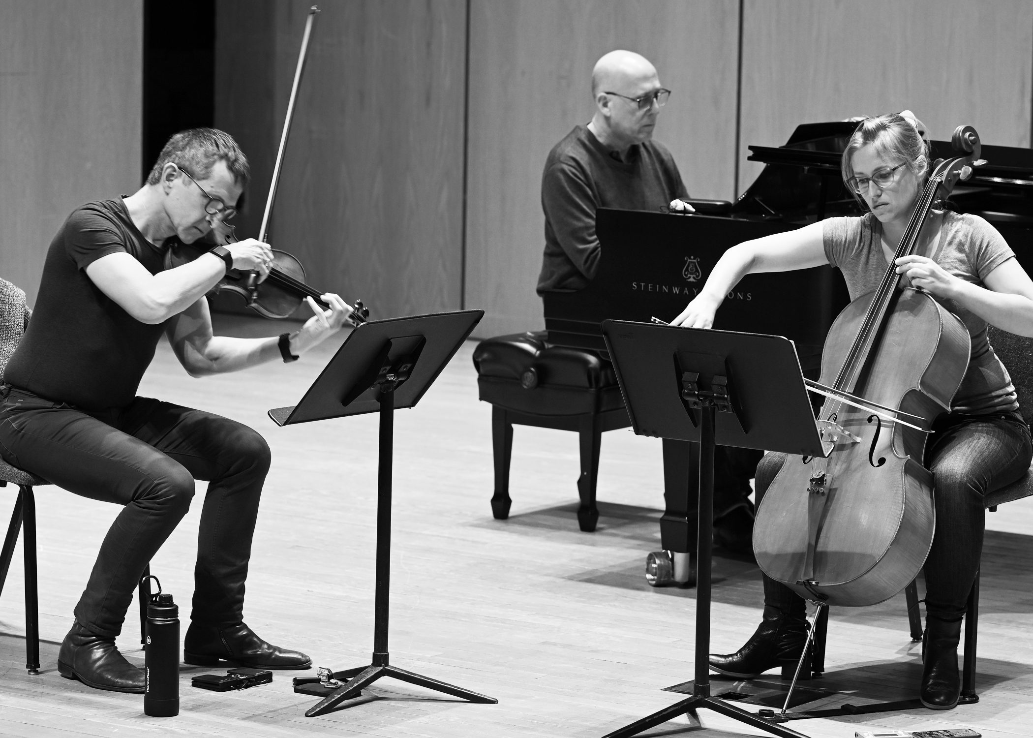 one musician playing a violin, one playing a piano and one playing a cello