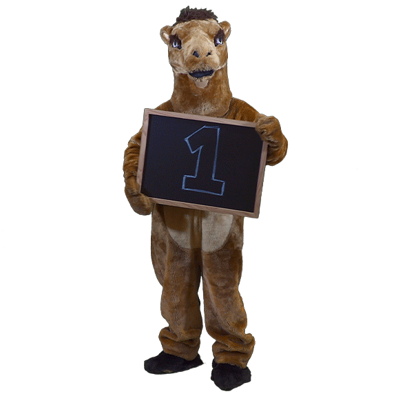 Camel Mascot dancing with number 1 sign