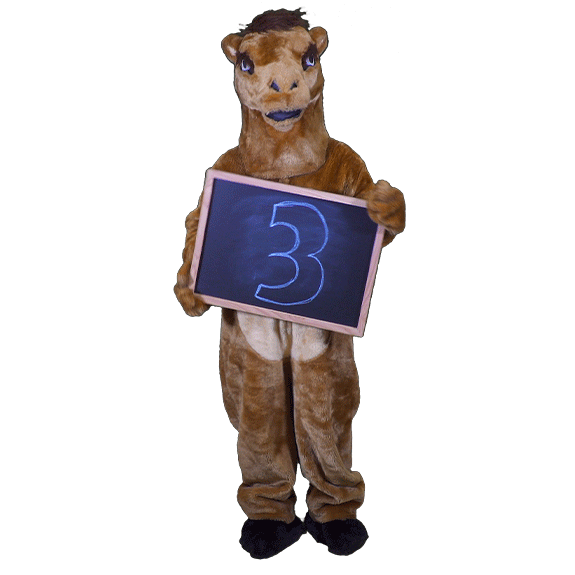 Camel mascot dancing with number 3 sign