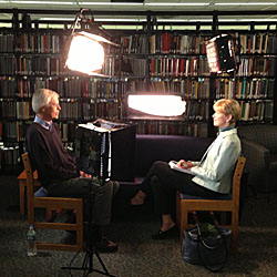 Professor Stuart Vyse sits down with CBS's Susan Spencer in Shain Library.