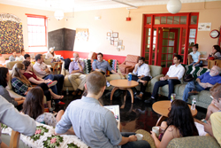 Students, alumni journalists and professor John Gordon gathered in Coffee Grounds for "J-Day," an annual journalism workshop sponsored by The College Voice. Photos courtesy of Maia Schoenfelder/The College Voice.