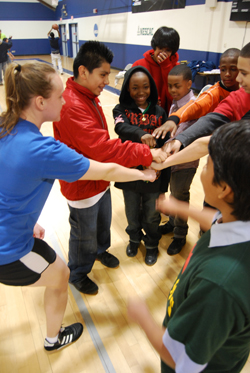 During their visit, the middle schoolers met with Connecticut College students from Project KBA (Kids, Books, Athletics), a volunteer group of mostly athletes that promotes reading and physical fitness with children