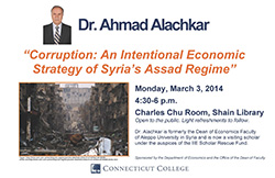 Poster advertising talk by Ahmad Alachkar on Syrian economics